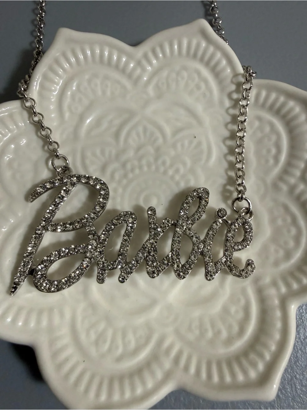 Women Silvery  Barbie Theme Bling Charm Thin Cubic Zirconia Cuban Chain Necklace